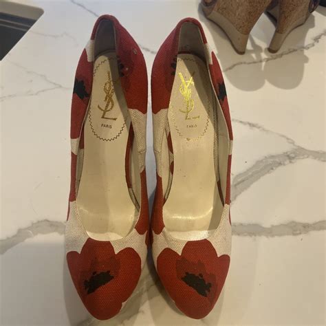 YSL Poppy Embossed P. Leather Slingback Pumps 